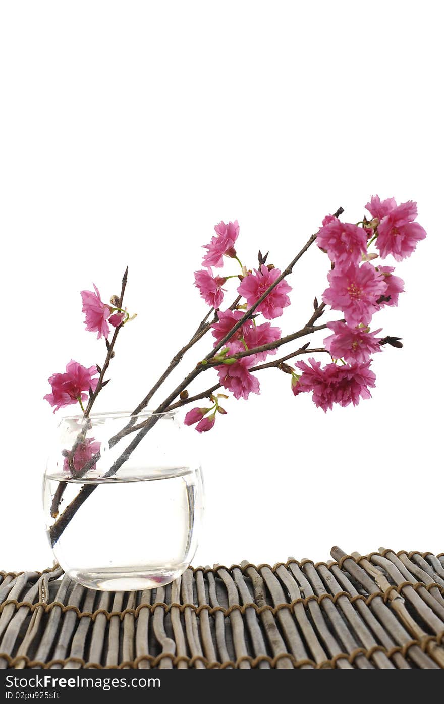 Cherry blossoms in vase on bamboo mat. Cherry blossoms in vase on bamboo mat