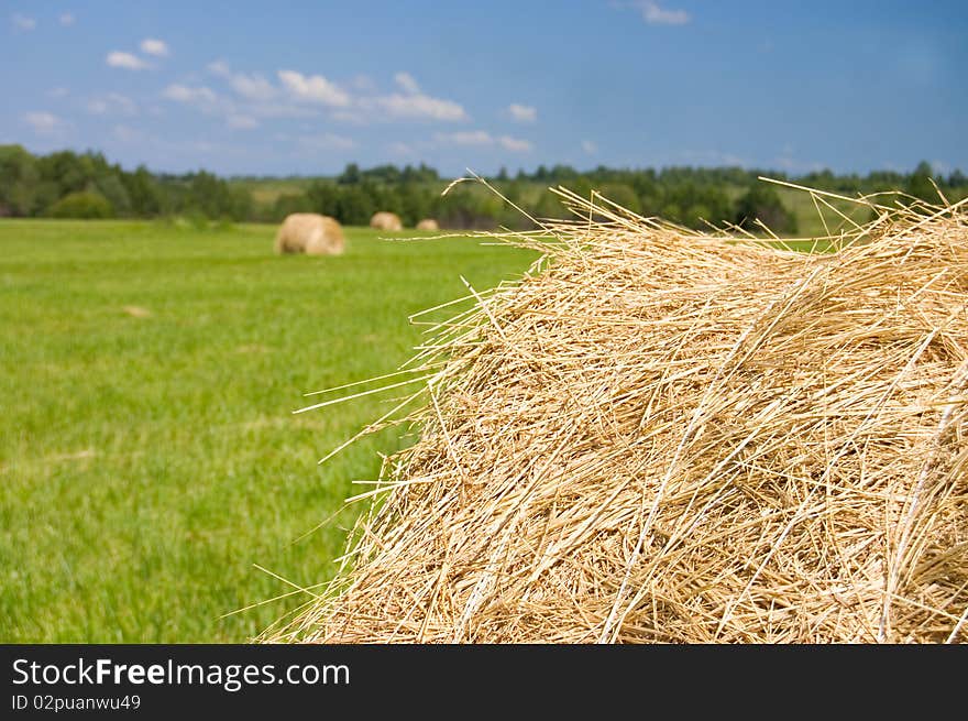 Haystacks harvest against the skies close up