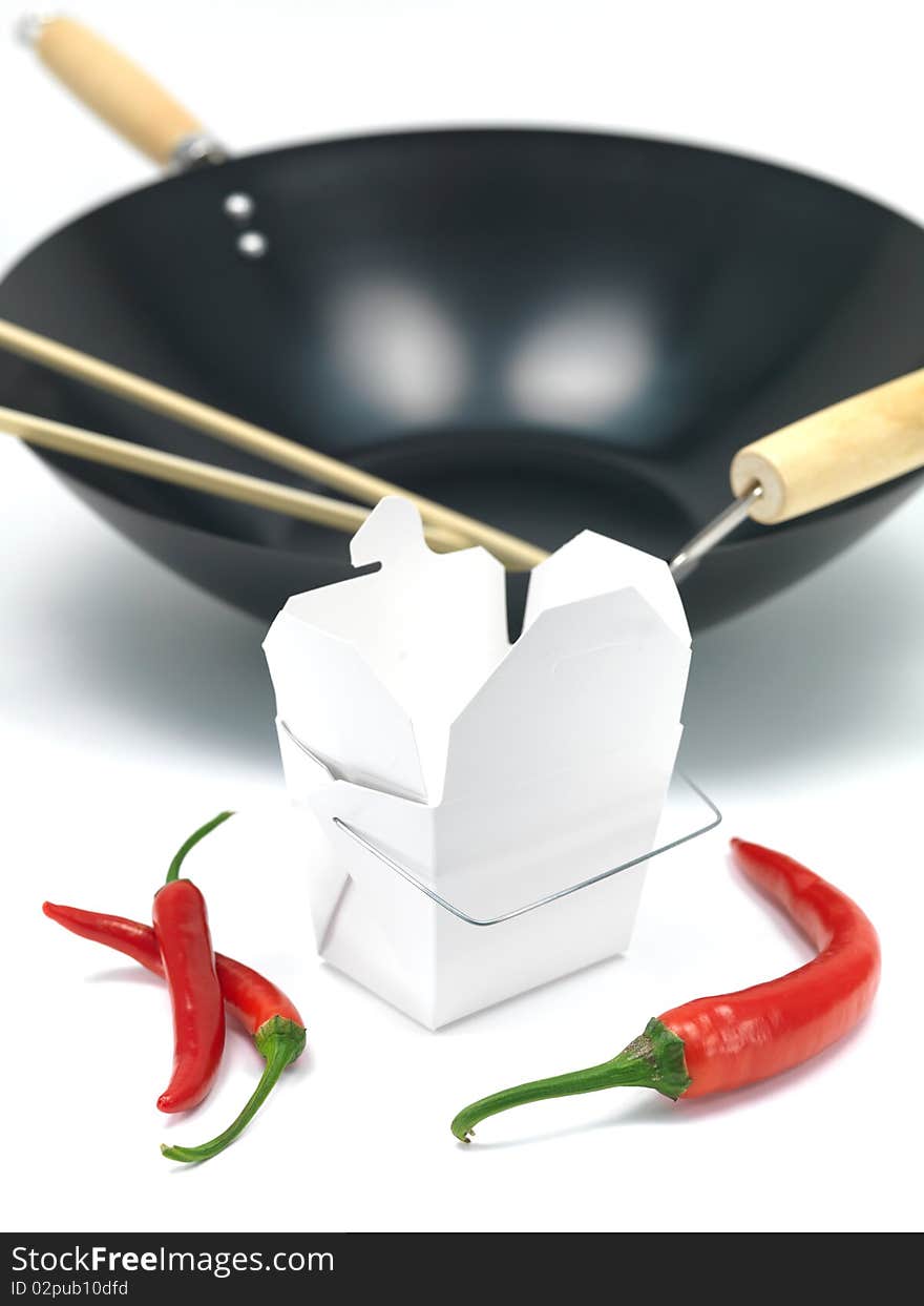 A Chinese takeaway container and a wok isolated against a white background