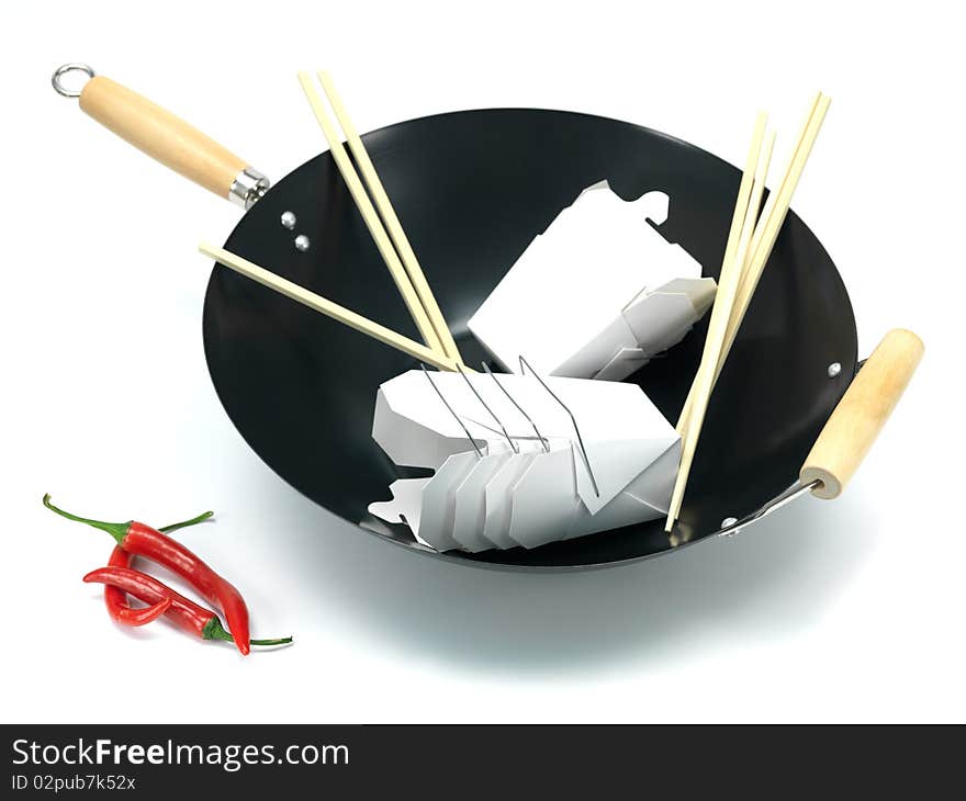 A Chinese takeaway container and a wok isolated against a white background