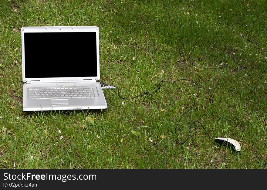 Laptop on a green grass background, natural environment. Laptop on a green grass background, natural environment