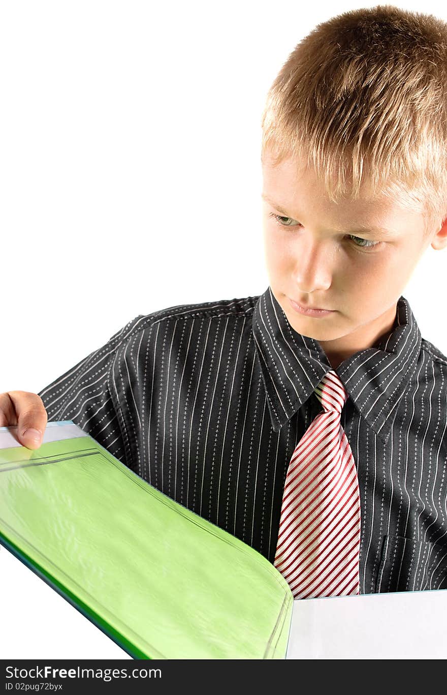 Teenager reads book. Reception of formation. Isolation on white background.