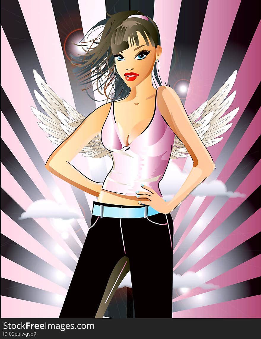 Illustration of a pretty girl with white wings on a pink background. Illustration of a pretty girl with white wings on a pink background