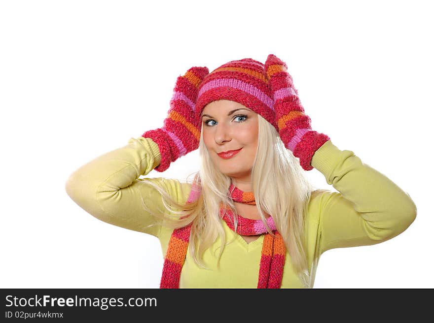 Seasonal portrait of pretty funny woman in hat and gloves. white background. Seasonal portrait of pretty funny woman in hat and gloves. white background