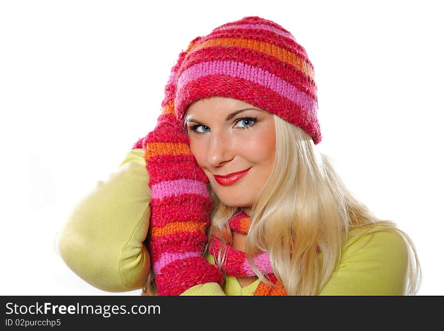 Seasonal portrait of pretty funny woman in hat and gloves. white background. Seasonal portrait of pretty funny woman in hat and gloves. white background