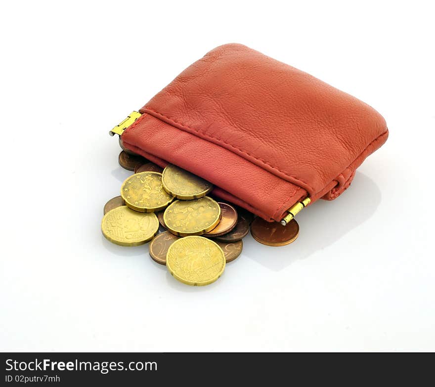 Red leather wallet with money on white background. Red leather wallet with money on white background