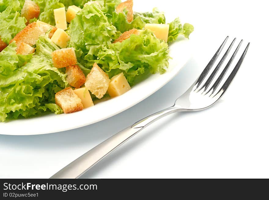 Close-up of salad on white plate and steel fork. Close-up of salad on white plate and steel fork