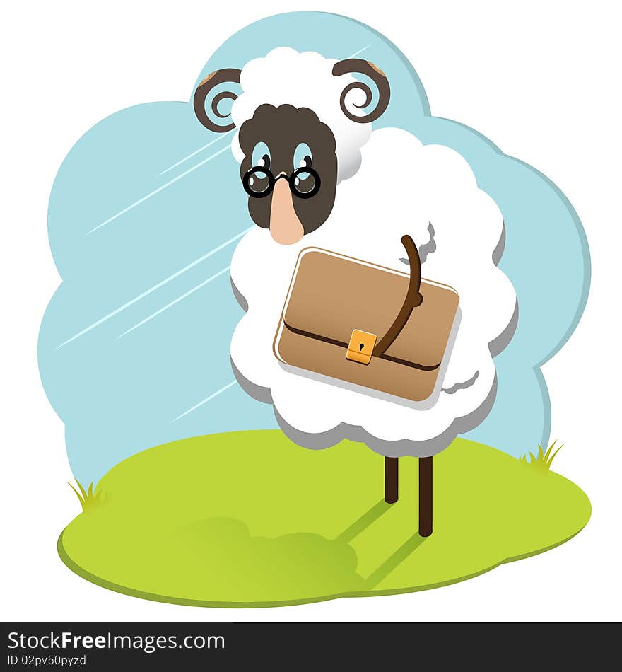 Illustration, white sheep bespectacled and with briefcase