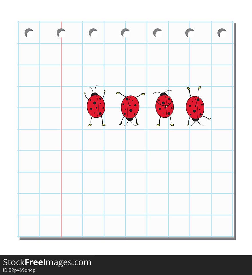 Four cute ladybugs on blank peace of paper