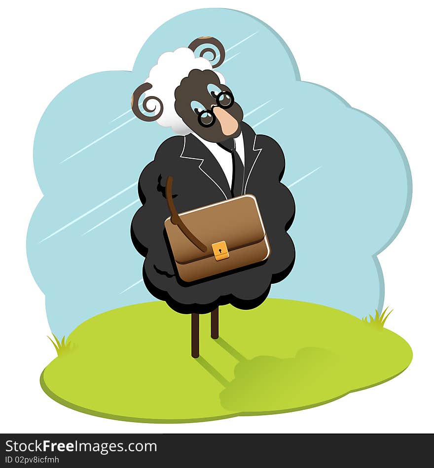 Illustration, black sheep bespectacled and with briefcase