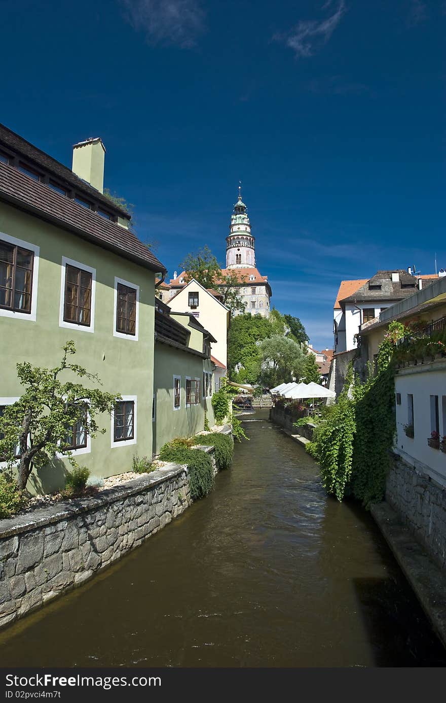 Narrow canal at Cesky Krumlov in Czech republic