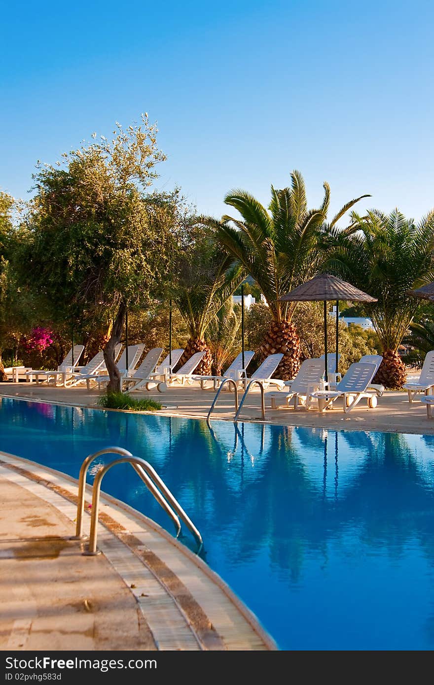 Chaise longues under beach umbrellas near the swimming pool