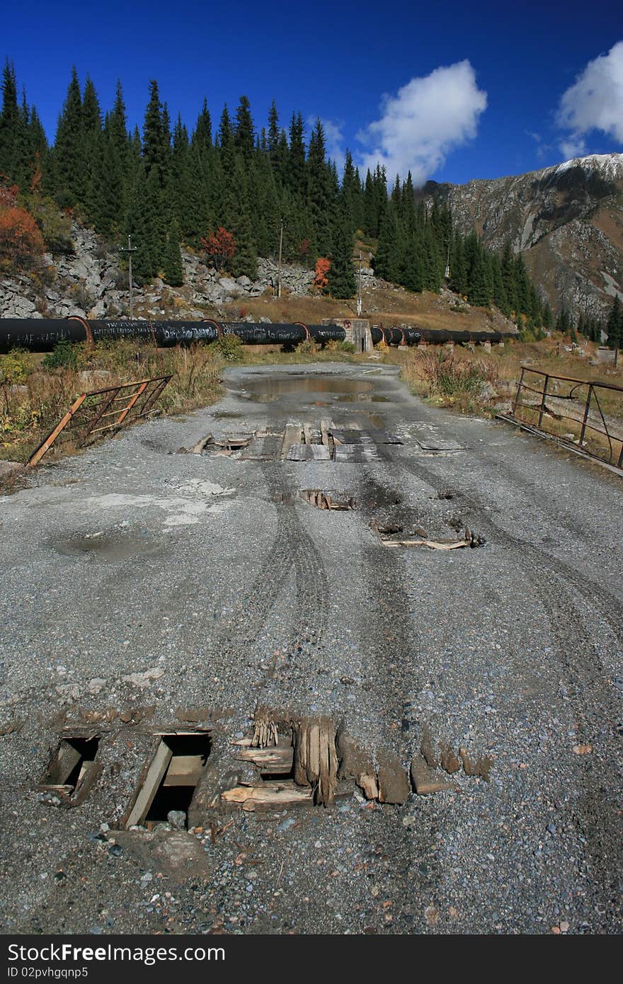 Broken Bridge On Big Almaty Lake Road Kazakhstan