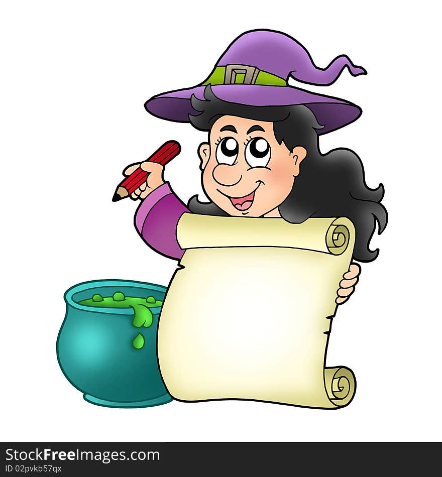 Cute witch holding scroll - color illustration.