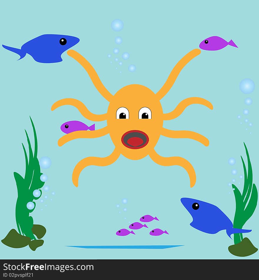 Comical Octopus Underwater Fish Illustration