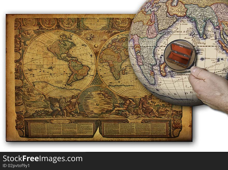 The picture shows an old world maps with a globe and a hand with a magnifying glass looking at an empty box. The picture shows an old world maps with a globe and a hand with a magnifying glass looking at an empty box