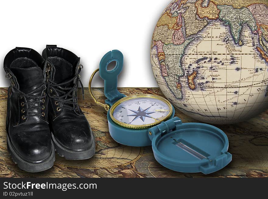 This image shows various objects related to adventure travel and exploration. This image shows various objects related to adventure travel and exploration