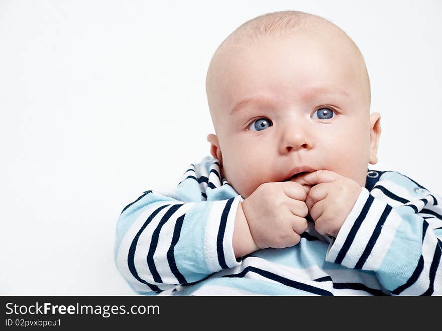 Portrait of adorable baby over white