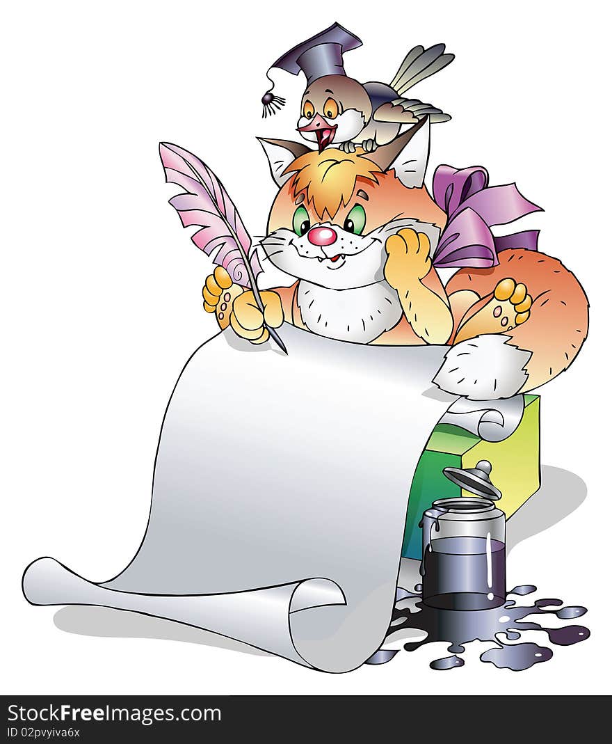 Cat with a sheet of paper, with a feather in a paw, with an inkwell and with a bird sitting on a head.