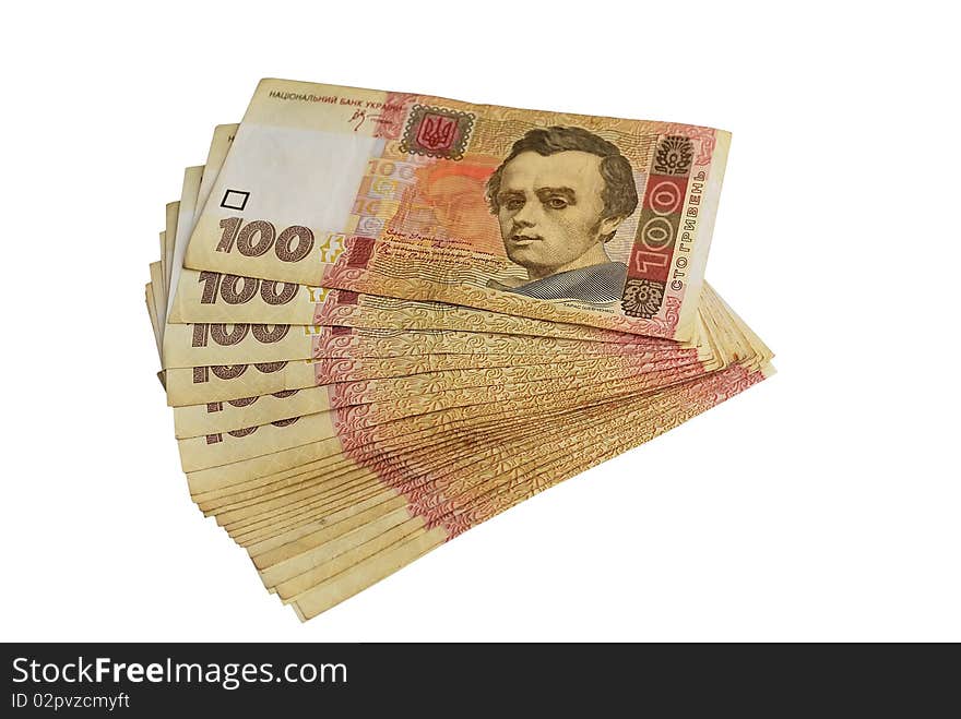 Hundred Ukrainian hryvnia decomposed fan on a white background