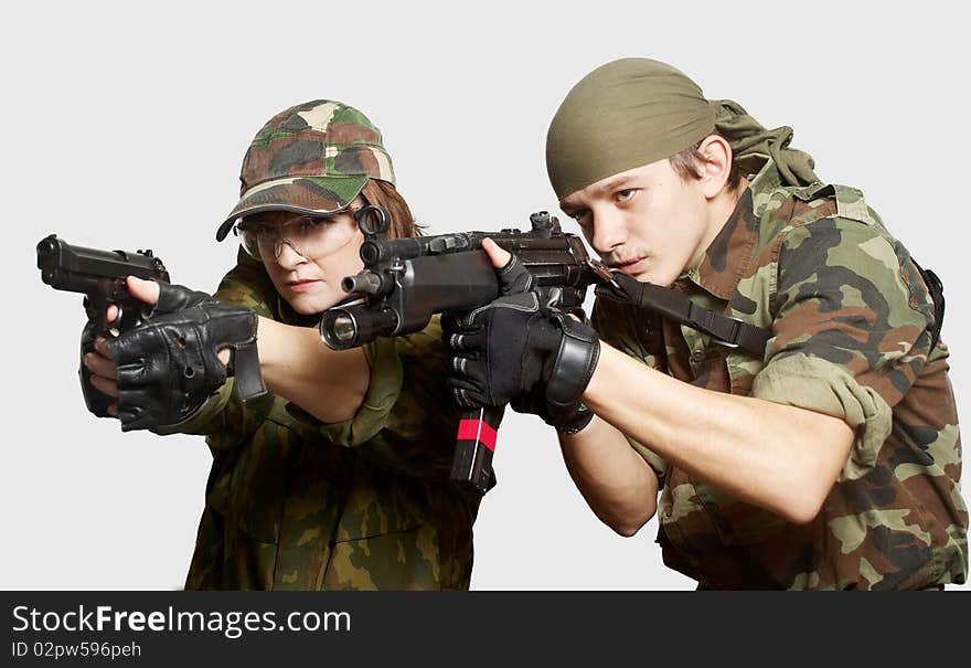 Portrait of soldiers up in arms