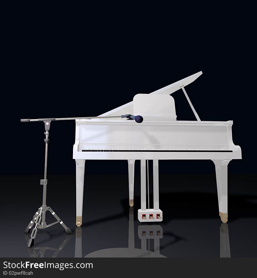 Gand piano and microphone on a black background