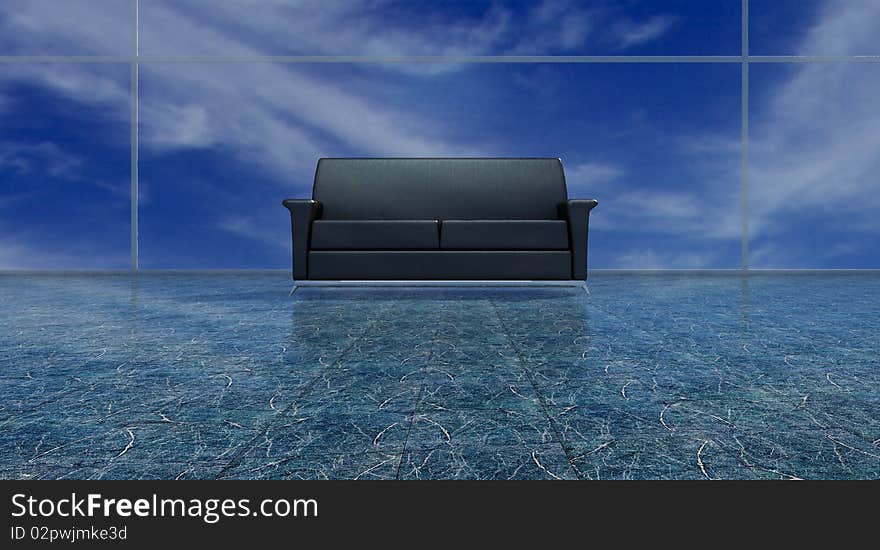 Black leather sofa on shining floor with panoram view behind. Black leather sofa on shining floor with panoram view behind