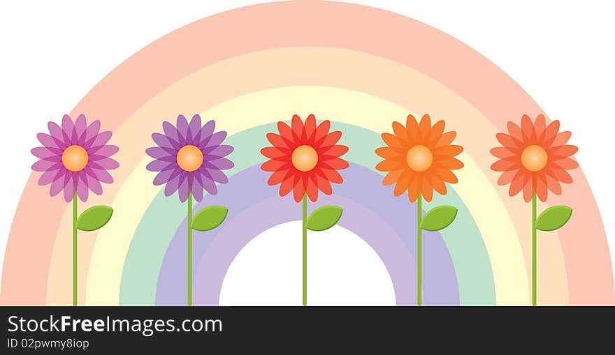 A beautiful collection of flowers with a rainbow background.