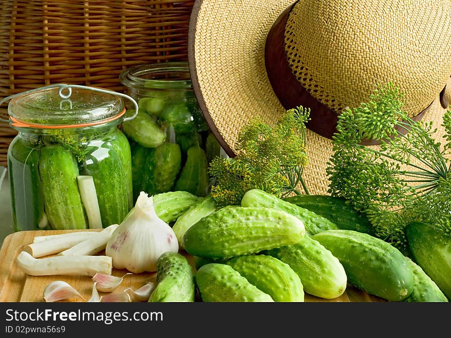 Fresh cucumbers prepared for pickling with the horseradish and the garlic. Fresh cucumbers prepared for pickling with the horseradish and the garlic