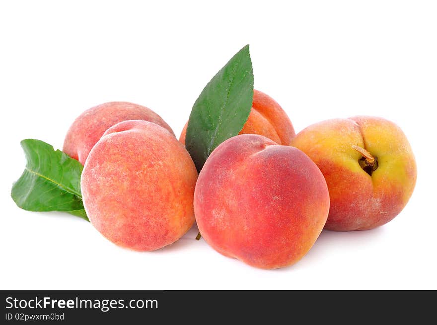 Five peaches on a white background with leaves