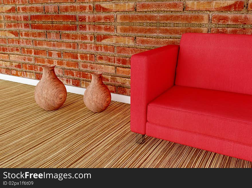 Detail illustration of a sofa with two wooden vase