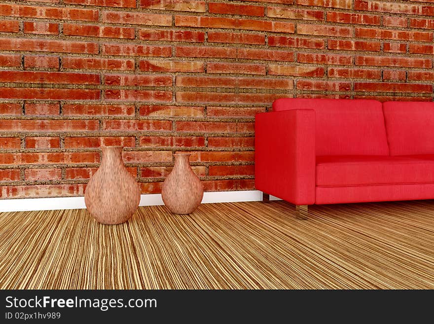 Interior room in 3d with two wooden vase