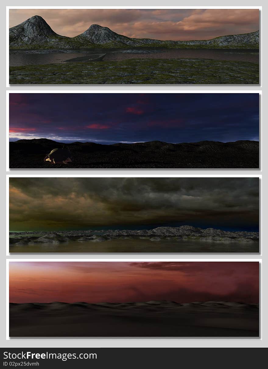 Four different fantasy landscapes for banner