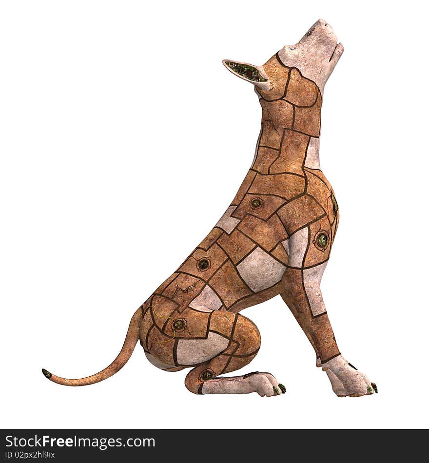 Rusty scifi dog of the future.3D rendering with clipping path and shadow over white