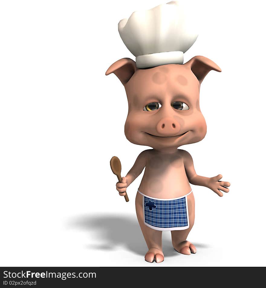 The cook is a cute toon pig. 3D rendering with clipping path and shadow over white