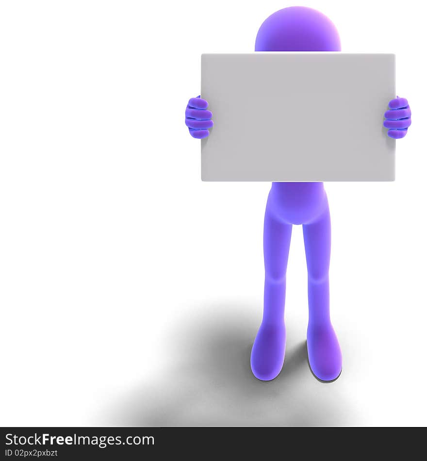 Symbolic 3d male toon character show something with a blank sign. 3D rendering with clipping path and shadow over white