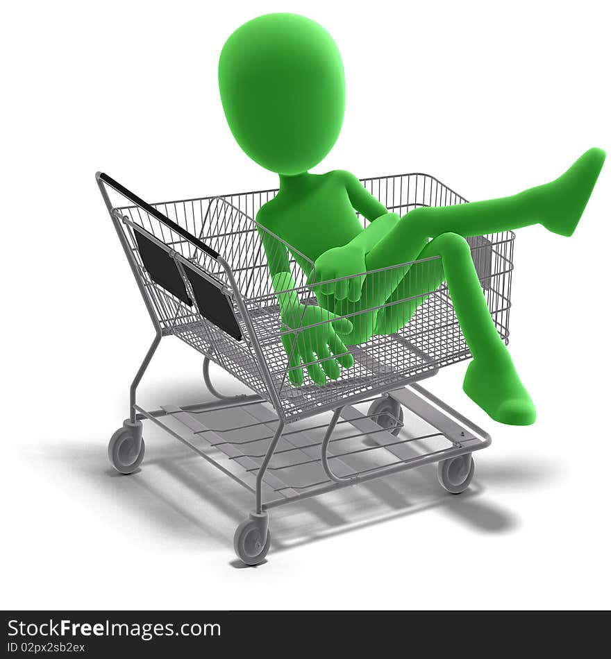 Symbolic 3d male toon character goes shopping