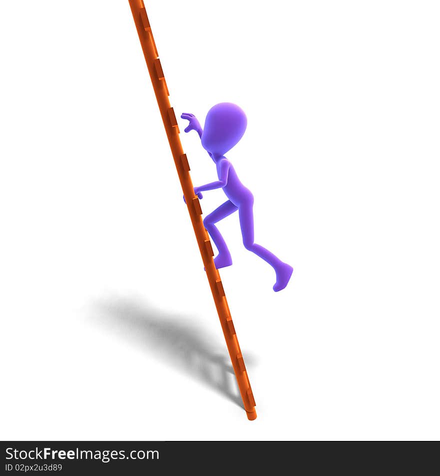 3d male icon toon character climbs the ladder. 3D rendering with clipping path and shadow over white