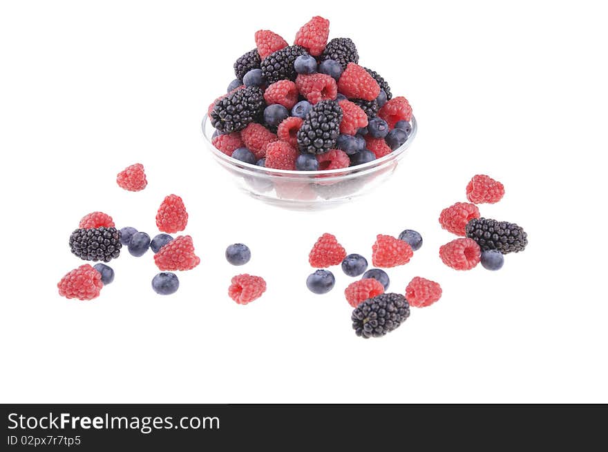 Pot of raspberries, blueberries and blackberries