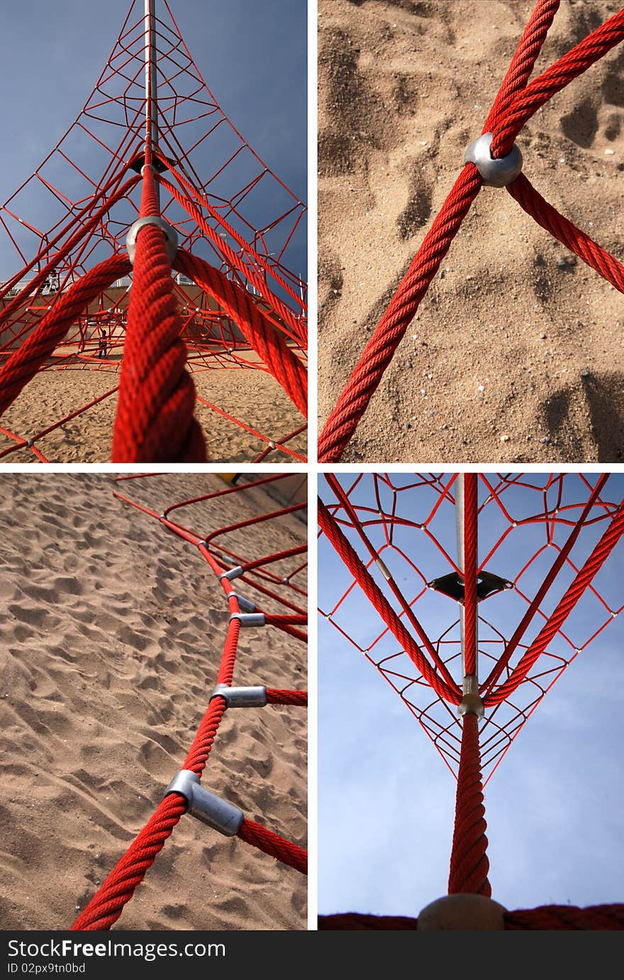 Pictures of a red rope climbing frame taken on a beach in Barcelona, Spain.