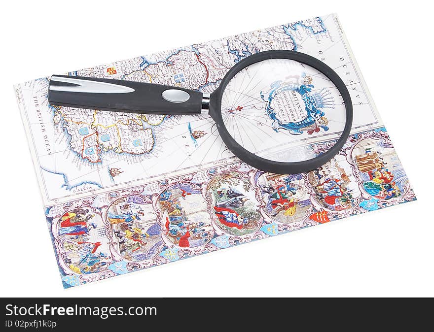 Old-time card epidemic deathes and England and magnifying glass. Old-time card epidemic deathes and England and magnifying glass