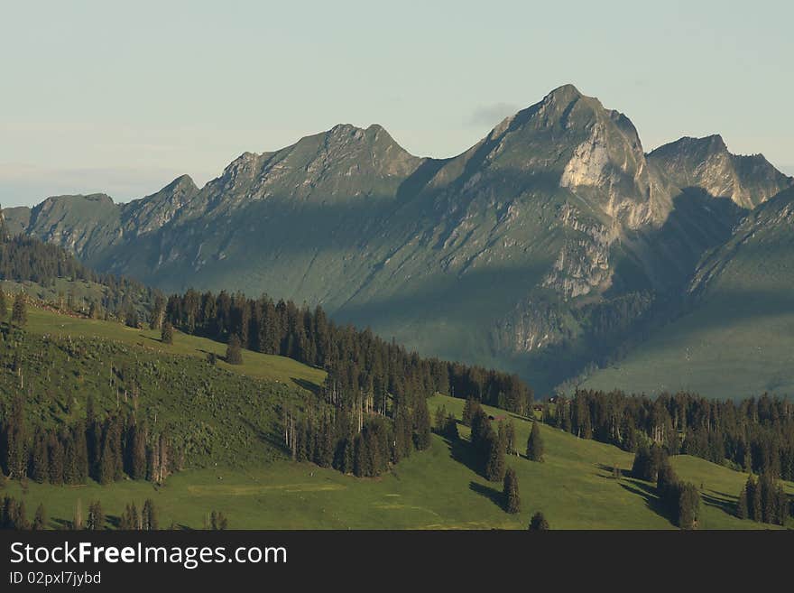 Swiss mountain morning light view