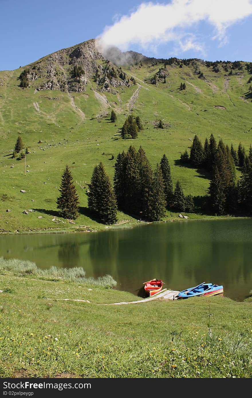 Swiss mountain view with lake