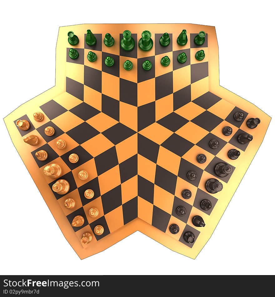 Top view of three way chess game isolated on white background. white. chess game made for 3 players. chess pieces are on starting position.