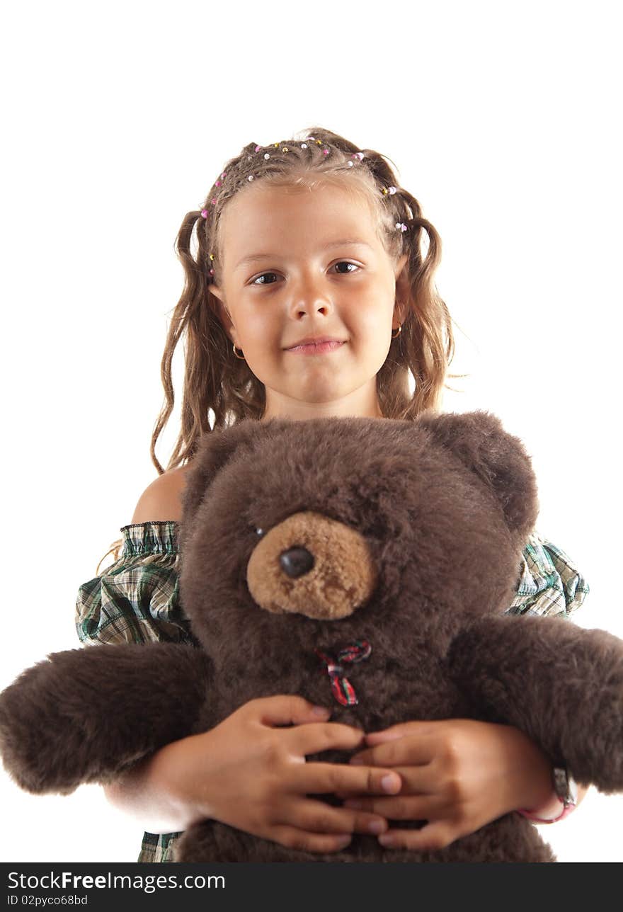 Pretty little girl with toy, isolated on white background