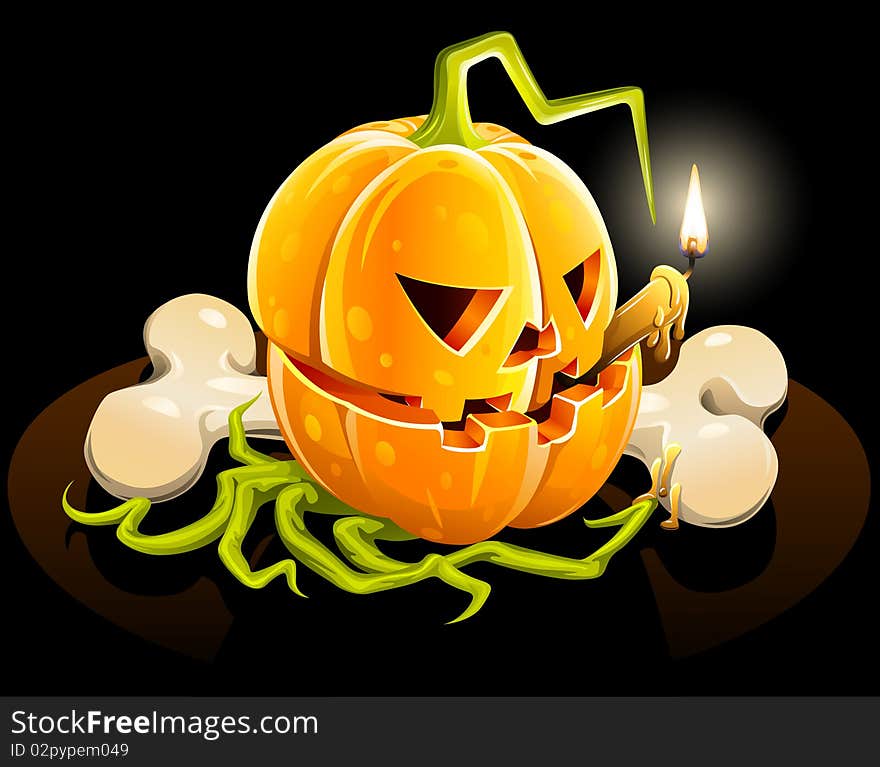 Pumpkin with  skeleton bone on black background vector illustration. Pumpkin with  skeleton bone on black background vector illustration