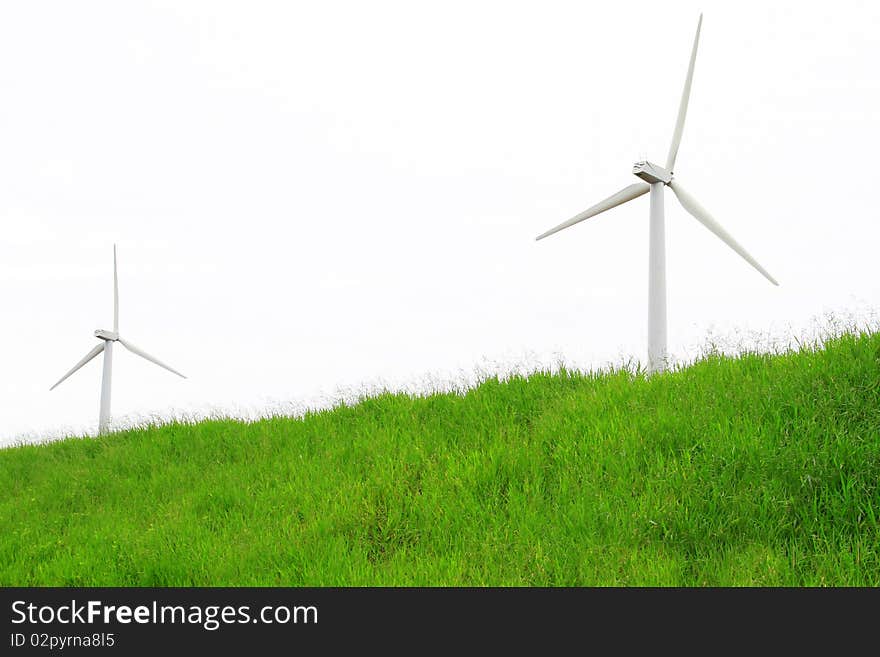 Windmills in a green meadow