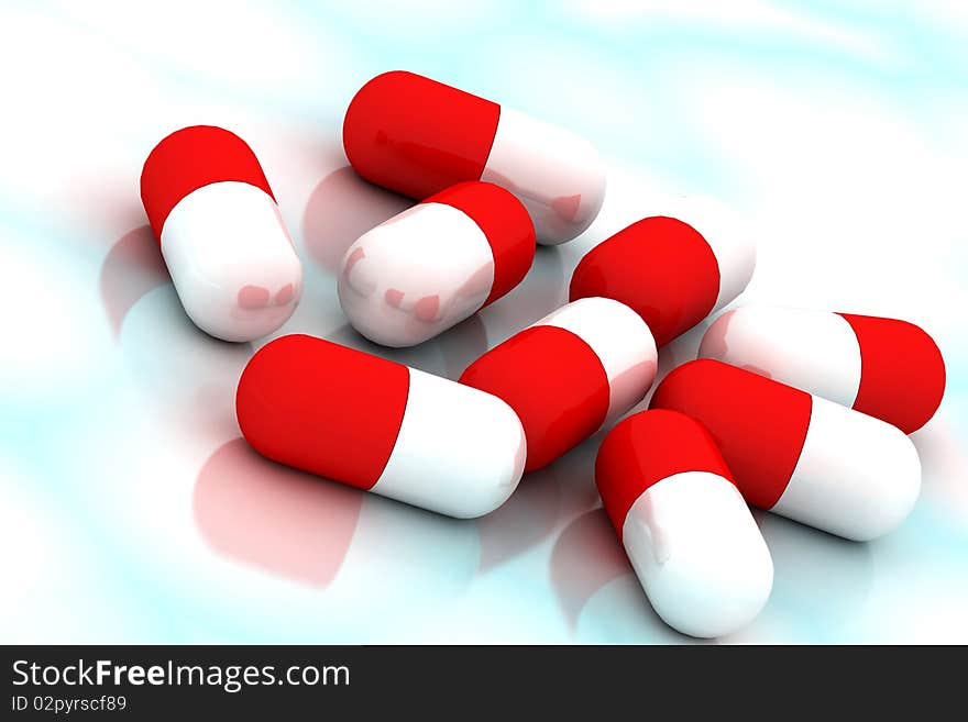 3d multi use red and white pills in color background