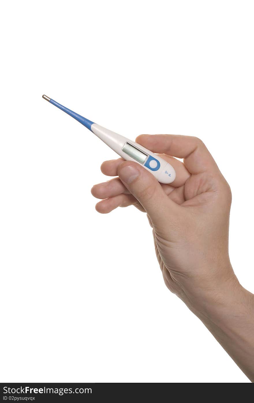 Well shaped hand hold a thermometer isolated over white