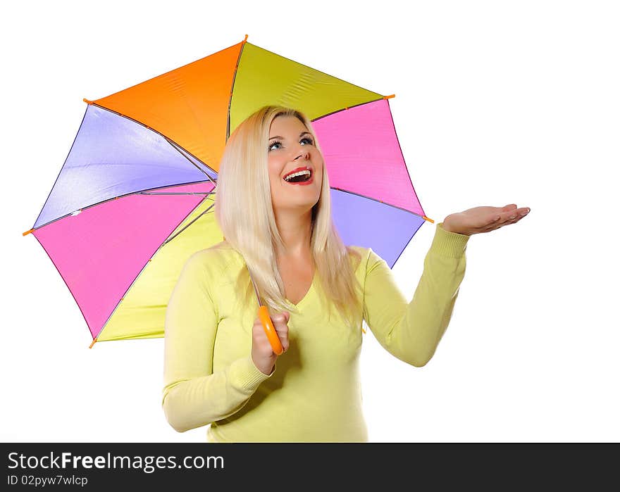 Portrait of pretty autumn woman standing under umbrella. white background. Portrait of pretty autumn woman standing under umbrella. white background